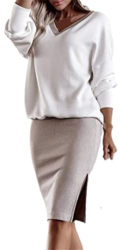 Conjunto de dos piezas de punto para mujer, suéter de punto, falda con cuello en V, 01 Blanco, M