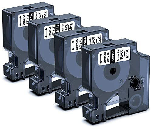 4x Aken Rhino 18444 Etiketten als Ersatz für Dymo Rhino 18444 12 mm x 5,5 m Industrie Vinyl-Etiketten,Selbstklebendes Schwarz auf Weiß Kompatible mit Dymo Rhino 4200, 5000, 5200, 6000, ILP219