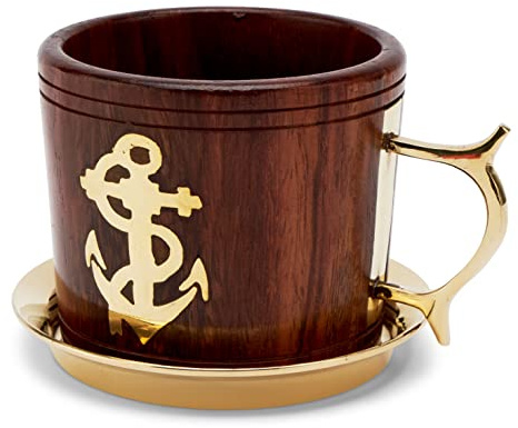 NKlaus Untersetzer für Teeglas, Holz Messing, Tee und Grog maritim, 1 Stück | Anker; Höhe: 7cm; Durchmesser: 7,5cm