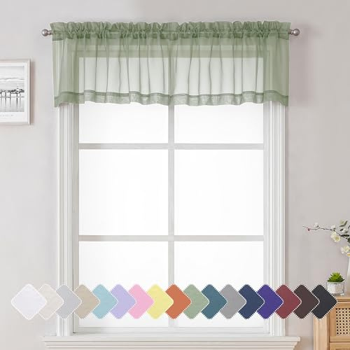 Lecloud Sage Green Sheer Valance Curtains, 2 Pack (W 40 x L 14) for Bedroom, Living Room, Kitchen, Unlined, Rod Pocket, Sheer, Polyester