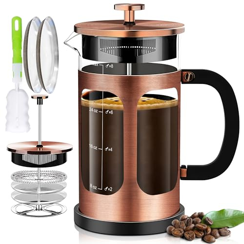 YMMIND French Press Coffee Maker (34oz 1Quart 5-6Cup) Coffee Press, with 4 Filters System, Heat Resistant Thickness Borosilicate Glass, Cold Brew Coffee Tea Pot Gifts (Copper)