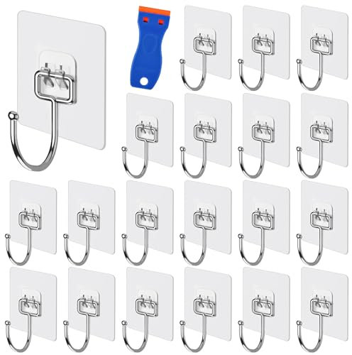 ZOCONE 20 Piezas Ganchos Adhesivos para Pared Fuertes Colgadores Adhesivos Resistentes con Espátula Transparente Perchas Adhesivas Fuertes Colgador Adhesivo Impermeabl para Baño Cocinas Habitación