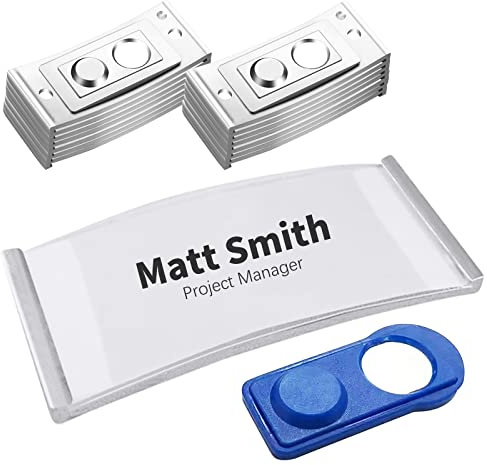 15 Stück Magnet Namensschilder für Kleidung mit 2 Starken Magneten | Durchscheinend Gewölbt mit Papiereinschub, Größe 75 x 32 mm, Silberfarben