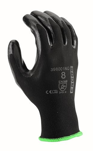 Ergos Gants de Sécurité |12 Paires | Protège Contre Les Risques Mécaniques | Adhérence, Dextérité Et Confort | Respirabilité | Taille 6-11 | Noir | Certifié CE