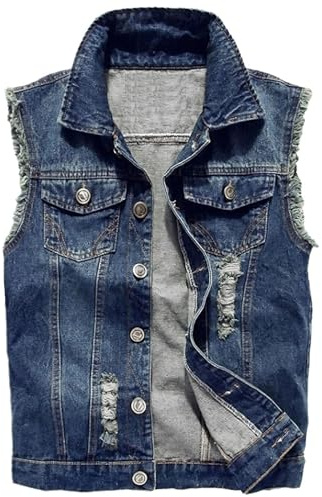 Momooda Uomo Gilet in Denim Strappato in Cotone, Vestibilità Slim, Gilet di Jeans Casual Senza Maniche Invecchiato, Blu, L