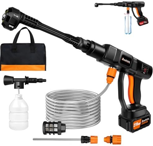 Hidrolimpiadora sin Cable 21V con batería Li-Ion 3.0Ah Bolsa Manguera 5M Hidrolimpiadora portátil 45Bar Alta presión para Limpiar el Coche Regar el jardín