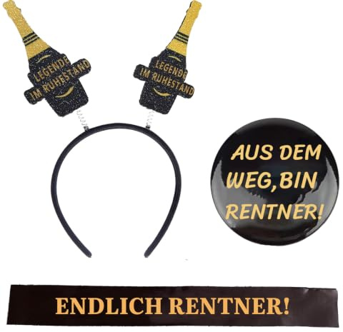 3Pcs Rentner Schärpe Haarreif und Button Ruhestand Schärpe Rente Geschenk | Ruhestand Dekoration Rente 2025 Deko Schwarz Gold Legende im Ruhestand für Ruhestand Pensionierung Abschiedsfeier