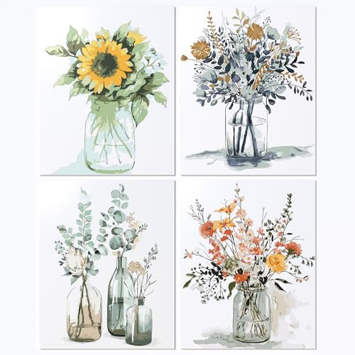 DUGEHO DIY Handgemalt Ölgemälde Leinwand Kits, 4P Malen Nach Zahlen Erwachsene Blume, Anfänger Paint by Numbers Malen Nach Zahlen zur Heimdekoration, Kein Rahmen (40x50cm)
