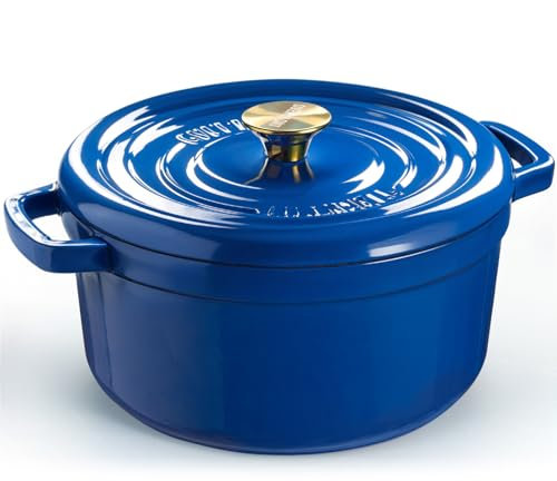 Overmont Forno olandese in ghisa smaltata – Pentola con coperchio ricettario e presine in cotone – Pentole resistenti per brasare, stufati, arrostire, cuocere il pane blu