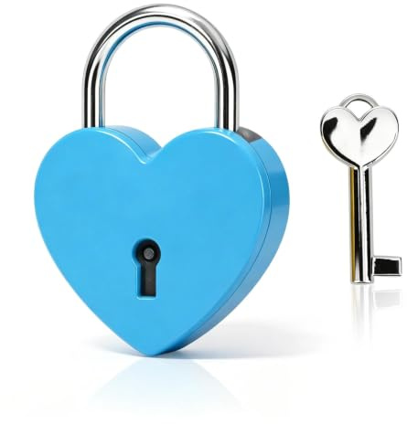 Tissting Cadenas Coeur en Métal 45x59mm/1.8x2.3in Bleu avec Cle | Cadenas en Forme de Cœur avec Clé, Petit Verrou Decoratif pour Journal Intime Bagages Boite a Bijoux et Pont des Amoureux