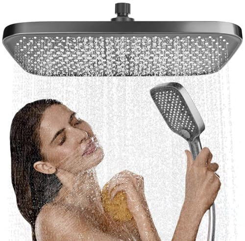 XCRPRT Pommeau de douche à effet pluie, 35,5 cm, tête de douche encastrable, réglable à 360°, économe en eau, autonettoyante, carré, chromé