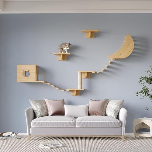 Opetdo Kletterwand Katzen Set - 9-teiliges -Wandregale, Katzenwandmöbel Set,Stabiler Holzkletterer, Wandpark mit Katzenhaus, Katzenbrücke, Katzentreppe und Kratzbrett bis zu 15kg