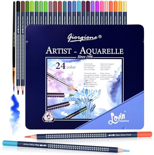 Reaeonat Watercolour Pencils, 24 Professional Colored Pencil Set in Tin Box for Adult Artist and Beginners Drawing Sketching Painting Coloring Book Art School Stationery Supplies