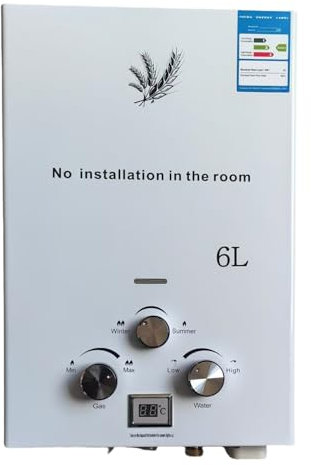 6LPM Chauffe-Eau à Gaz Instantané 12KW LPG GPL au Butane Propane avec Modes Hiver et Eté,Protection Contre La Surchauffe,Affichage de la Température,Blanc,pour La Maison,ExtéRieur,Camping Car
