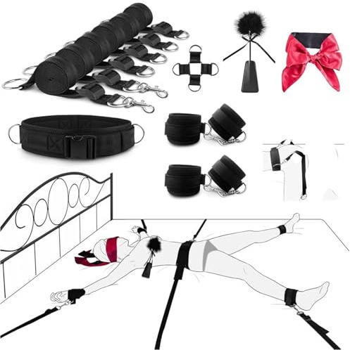 Bondage Set Fesselset Erotik SM Sexspielzeug Extrem Bettfesseln Sex Toys Kit Fesslset Einstellbar Handschellen Fußfesseln Bett mit Augenbinde Handgelenk Nacken für Männer Frauen und Paare