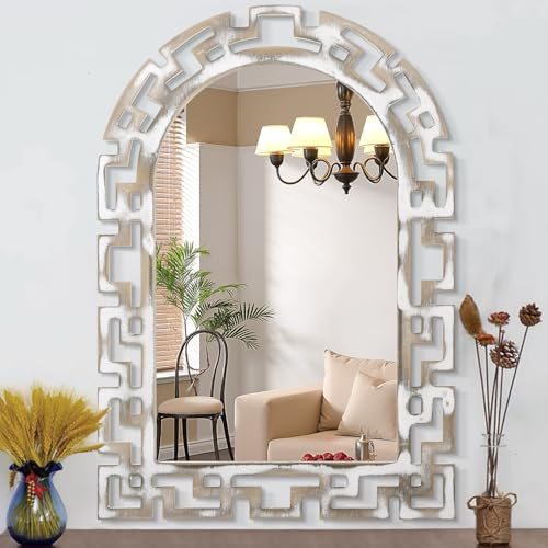 AAZZKANG Specchio da parete ad arco grande 65 x 45 cm decorativo con cornice in legno specchi decorativi rustici per camera da letto, soggiorno, bagno, fattoria ingresso
