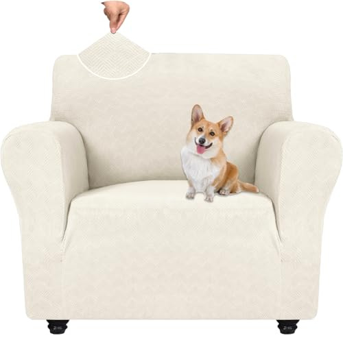 YSTELLAA Elasticizzato Copridivano 1 Posto, Moderno Copripoltrona, Universale Copri Divano Con Braccioli, Copridivano Antigraffio Gatto Cani, Sofa Cover Antiscivolo Lavabili, Bianco Crema