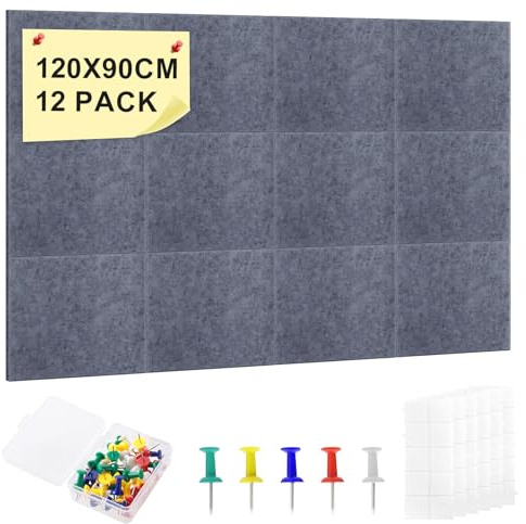 Großes Kork-Bulletin Board für die Wand 120 x 90cm, 12 Stück Filz Pinnwand Selbstklebend mit 90 Pinnnadeln, Filzboard Memotafeln Fotos Filzplatte Bulletin Board Wanddekoration für Büro Küche