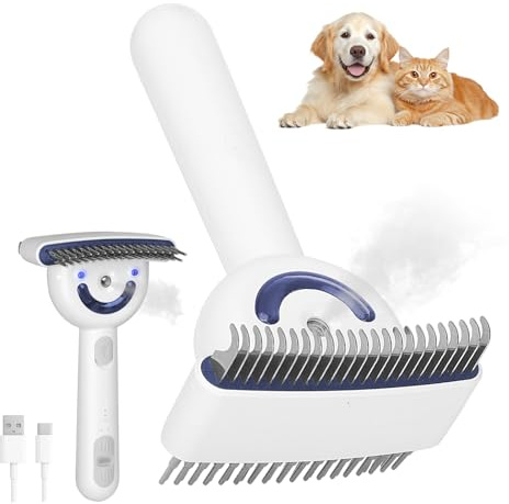 Cepillo Vapor Para Gatos & Perros, Recargable Cepillo Gato Vapor con Esterilización UV, Tanque Grande, Herramienta Desmudamiento Doble para Pelo Largo y Corto Gatos Perros Conejos