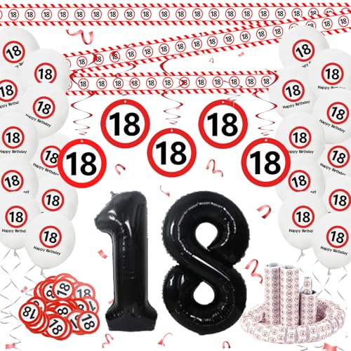 Affivia Deko 18. Geburtstag Junge Mädchen, Verkehrsschild 18 Geburtstag Deko mit Zahl 18 Folienballon, Absperrband, Konfetti,Luftschlangen,Luftballons,Spiralen,Verkehrszeichen Geburtstagsdeko 18 Jahre