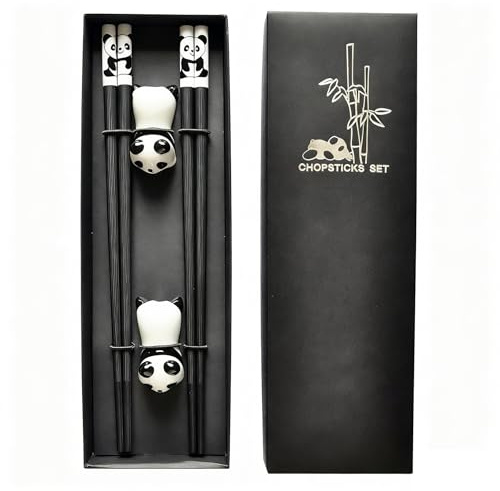 Gekamoyue 2 Paia Bacchette Set, Bacchette Cinesi Riutilizzabili con Supporti Panda, Antiscivolo Chopsticks per Ristoranti Famiglie, Confezione Regalo (Nero)