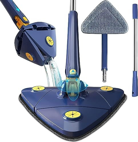 Fregona Triangular giratoria de 360° con 6 Paños - Fregona telescópica para Suelos de Madera, Ventanas, Pared, Azulejos (Fregona Azul) (Azul)
