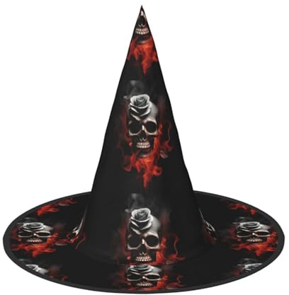 Vcroofdhxz Fire Skull Rose Full Halloween Hat-Full-Width Printed Witch Hat, Light And Foldable, Suitable For Eye-Catching Props In Halloween Parties, Role-Playing, Masked Balls And Other Scenes.