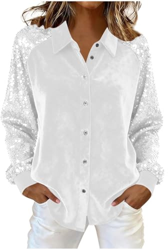 UHouse Glitzer Bluse Damen Pailletten Hemd Langarm Silvester Party Outfit Festival Hemdbluse Festliche Blusen Zur Hochzeit Karneval Glitzerbluse 80er Jahre Kleidung Silber Glitzeroberteil Weiß XXL