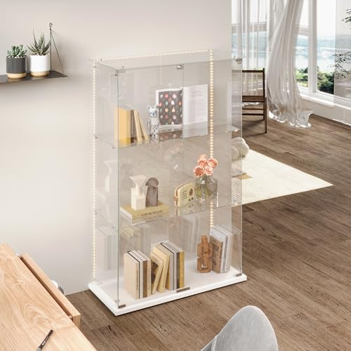 Vitrine moderne en verre à 3 étages avec lumière LED et double porte pour objets de collection - Meuble de rangement blanc avec design élégant et étagères lumineuses