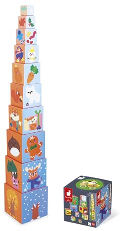 Janod - La mia Prima Piramide - Temi educativi: Animali, Frutta, Numeri, Stagioni - Giocattolo educativo - 10 cubi da impilare - Sviluppa destrezza e immaginazione - dai 12 Mesi