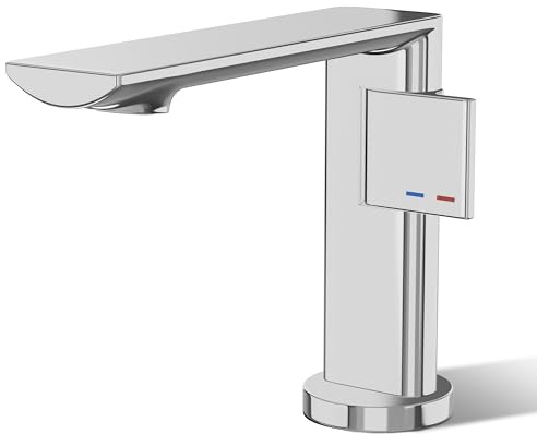 Alphabath Moderne Robinet Salle Bain, Design Elégant Mitigeur Lavabo, Robinet Monocommande avec Cartouche en Céramique, Laiton Chromé, avec Bec Hauteur 123 mm, Revêtement EPDM non Toxique, G 3/8