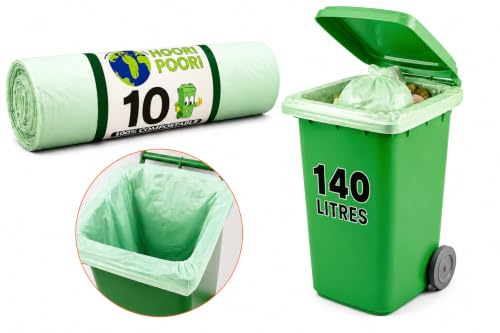 10 bolsas de basura compostables de 140 L, resistentes, extrafuertes, 86 x 107 cm, biodegradables grandes para cubos de basura, bolsas de basura de jardín, bolsas de basura y bolsas compostables para