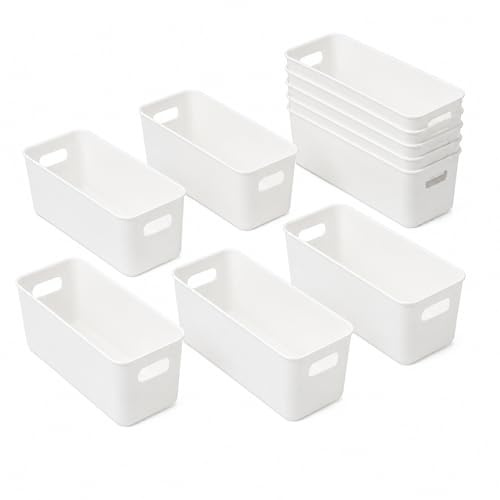 YANKOIUK 10 Pack Narrow Storage Box, Small Plastic Storage Boxes for Kitchen Cupboard, Cupboard Cabinet Organiser Deep Trays for Shelves Kitchen Office Fridge Bathroom (26.5×9.5×8cm)