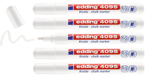 edding 4095 Kreidemarker Set - weiß - 5 Kreidestifte - Rundspitze 2-3 mm - Kreidestift für Tafel abwischbar - zum Beschriften von Fenster, Glas, Spiegel - Tafelstift mit deckenden Farben