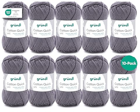 Gründl Ull Cotton Quick uni – tunn ull för virkning – stickgarn – virkgarn – glänsande och hudvänligt – 100% bomull – 10 nystan 50 g/125 m – nåltjocklek 3–4 – musgrå
