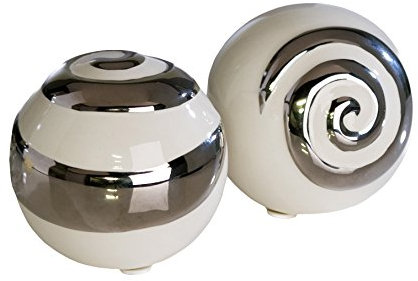 Moderne Deko Kugeln aus Keramik 2 Stück weiß/silber Durchmesser 6 cm