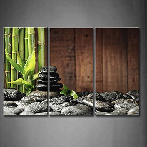 3 Panel Wall Art Green Spa Concept Bamboo Grove And Black Zen Stones Old Wooden Background Painting Pictures Print On Canvas Botanical The Picture For Home Decor Piece Wooden Frame Ready To Hang