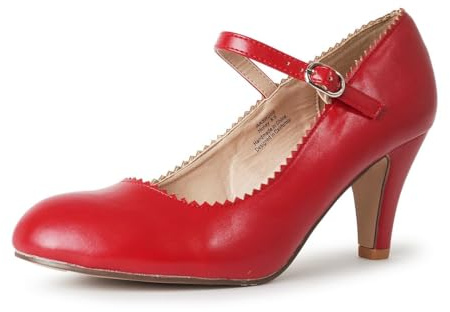 Mary Jane Kitten Heels, Vintage Retro Scallop Round Toe Shoe With An Adjustable Strap, 8.5 B(M) US, Red PU