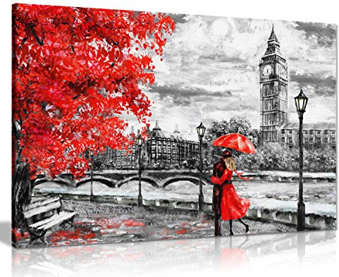 Panther Print London Ölgemälde, Kunstdruck, Reproduktion Big Ben, roter Umbrealla, Leinwanddruck, 61 x 40 cm, Schlafzimmer