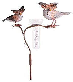 Superbe Pluviomètre à Piquer Tuteur Plante Décoration de Jardin Motif Chouettes en Fer Patiné et Tube en Verre 17x36x135cm