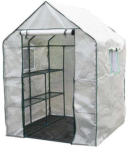 Large Walk In Greenhouse with PE Cover, 3 Tier with 12 Shelves, Roll Up Door & Netted Windows for Temperature Control