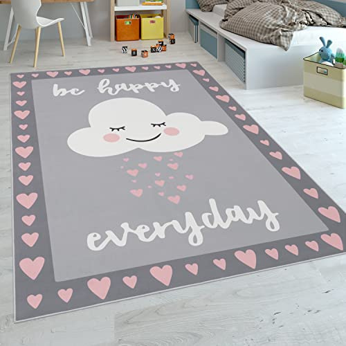 Paco Home Kinderteppich, Spielteppich Für Kinderzimmer, Spruch-Motiv Und Wolke, Grau Rosa, Grösse:140x200 cm
