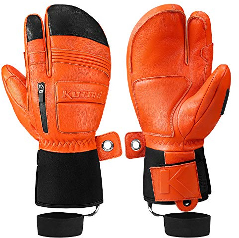 KUTOOK Guantes Esquí Impermeable Hombre Mujer Guantes Piel De Cabra Snowboard Invierno Nieve 3M Thinsulate y Acolchado De EVA(Naranja,XL)
