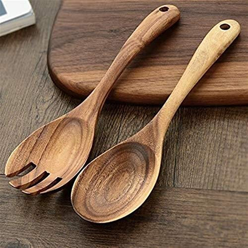 Auoeer Spoon Large Wooden Spoon Set Big Salad Serving Spoon Fork Natural Wood Tablespoon Long Handled Cooking Spoon Kitchen Wooden Utensils (Color : 1 Spoon 1 Fork)