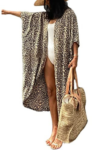 Bsubseach Damen Lange Strand Strandponcho für Bademode Sexy Bikini Beach Kimono Strickjacke Gelb Leopard Krawatte Färben