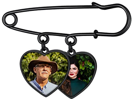 Custom4U 2x Personalisierte Foto Brosche Schwarz mit Gravur Memorial Anhänger Brautstrauß Broschen mit Foto Edelstahl Herz Anstecknadel Hochzeit für Brautstrauß Braut Erinnerungsschmuck Geschenke