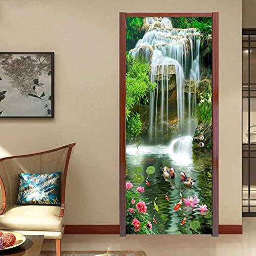 JGCAI 3D Türaufkleber Türtapete Selbstklebend Wasserfall Lotusteich Türposter Tapete 90x200cm wasserdichte Fototapete Abnehmbare Tapete Vinyl Tür Aufkleber Innentür Schlafzimmer Badezimmer