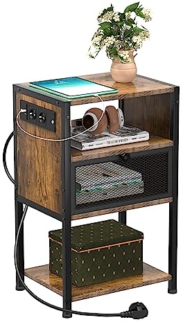 PIPIPOXER Nachttisch mit Steckdose, Nachttisch mit USB Anschlüssen und Steckdosen, Flip Top Beistelltisch Sofa Couchtisch für kleine Räume/Schlanker Beistelltisch für Wohnzimmer Schlafzimmer Büro
