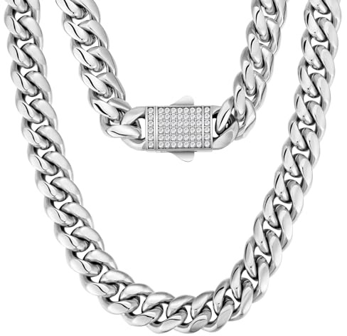 KRKC&CO 12mm Herren Panzerkette mit Iced Out Verschluss, Weißgold plattiert Cuban Link Chain, Edelstahl Miami Kubanische Gliederkette Silberkette, Hip Hop Halskette für Männer Jungen [Größe 55,9cm]