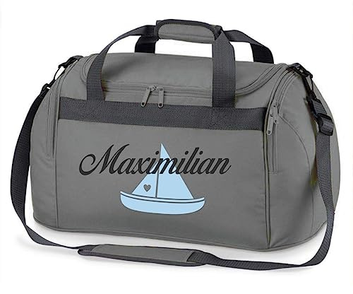minimutz Sporttasche mit Namen | Motiv Segel-Boot Schiff | Personalisieren & Bedrucken | Reisetasche Schwimmtasche Mädchen Jungen Wasser-Sport (grau)